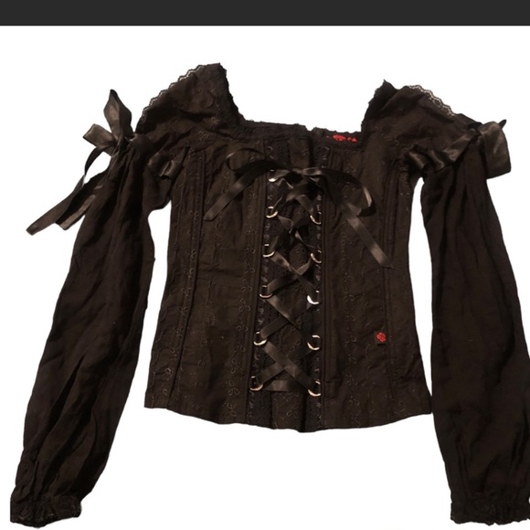 Rare Tripp NYC Milkmaid Corset Black Floral Eyelet w/ Bows Size Small - Picture 3 of 4